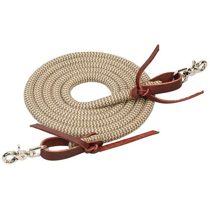 A tan coiled bamboo trail rein with red leather ends and trigger snaps on a white background