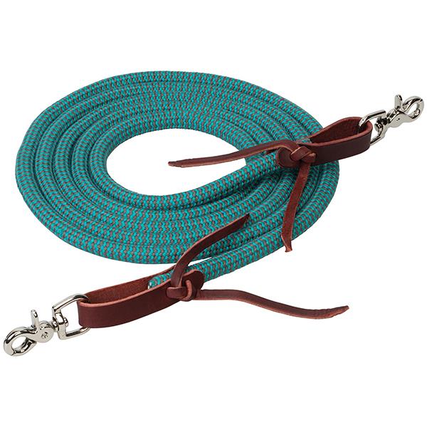 A turquoise coiled bamboo trail rein with red leather ends and trigger snaps on a white background