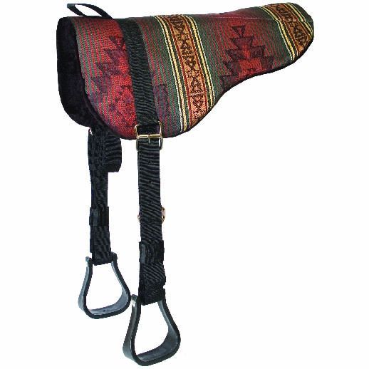 A black and brown Mustang Cordura bareback pad with a fleece bottom and adjustable stirrup straps.