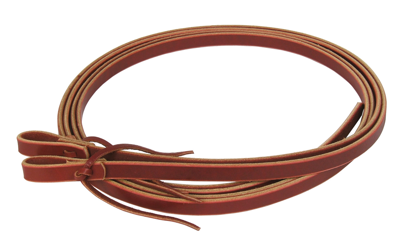 A brown latigo leather rein with a split design and traditional waterloop ends.