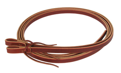 A brown latigo leather rein with a split design and traditional waterloop ends.