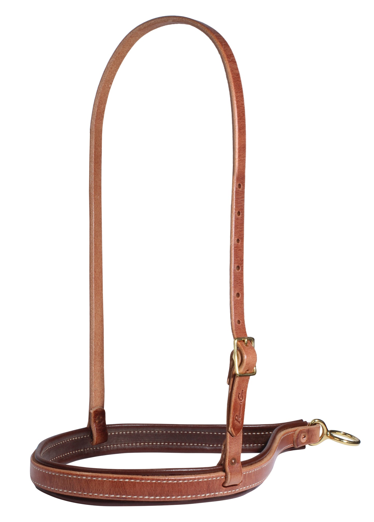 Two tone leather noseband with brass hardware used for horses on a white background