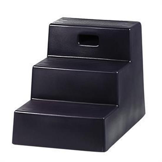 A black 3-step mounting block for horses, made of high-density plastic with a hand slot on the front for carrying.