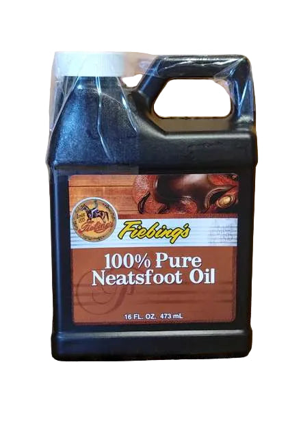 A black plastic bottle of Fiebing's 100% Pure Neatsfoot Oil with a label showing the product name and an image of a bull's head. The size of the bottle is indicated as 16 fl oz (473 ml).