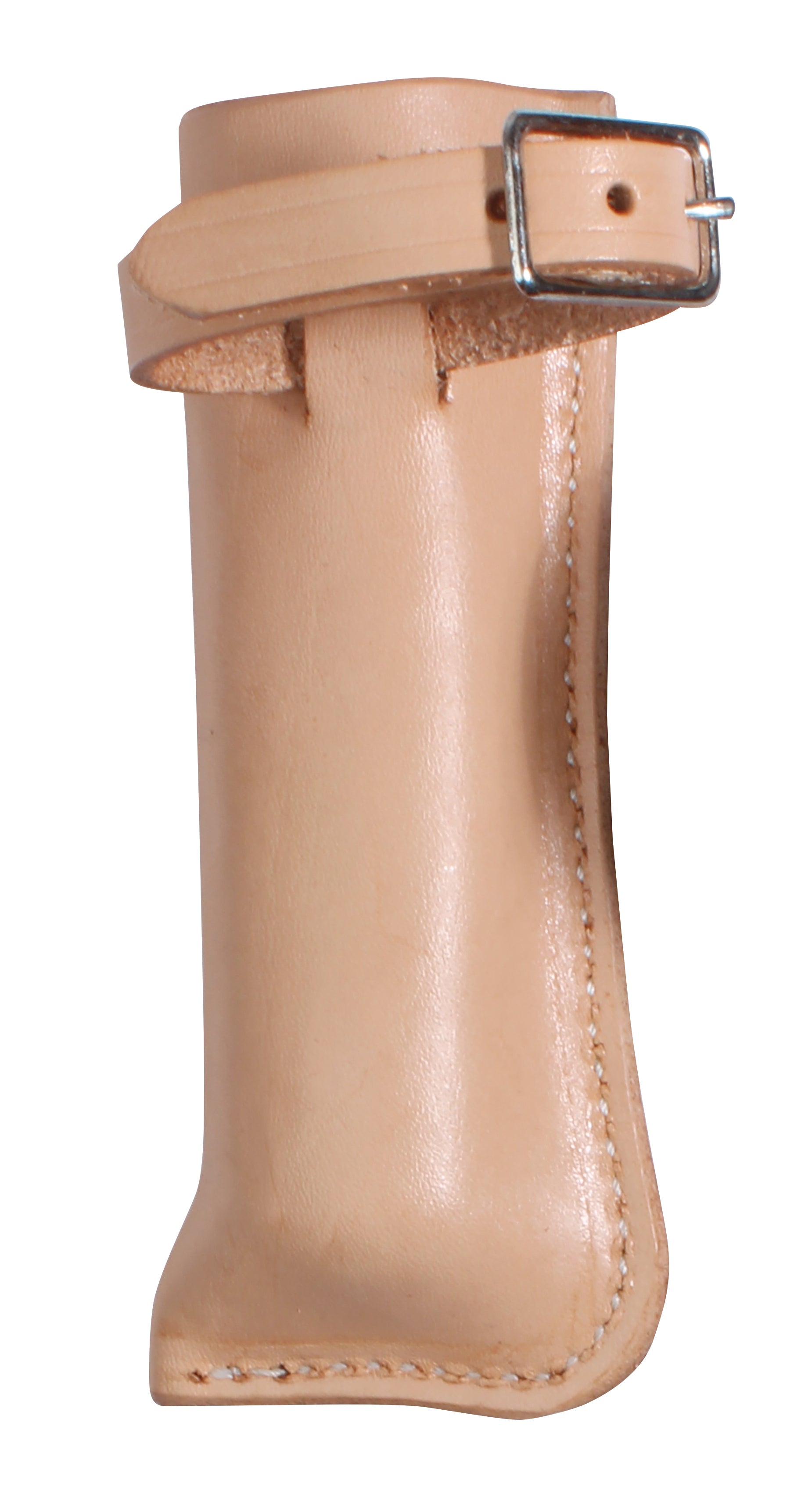 a natural colored leather piece with a nickel plated buckle, used for carrying flags