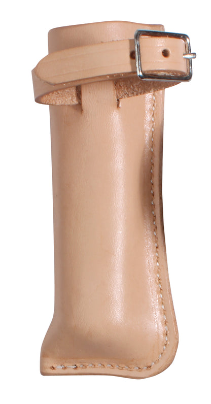 a natural colored leather piece with a nickel plated buckle, used for carrying flags