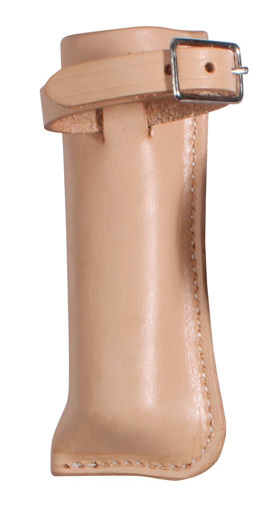 a natural colored leather piece with a nickel plated buckle, used for carrying flags