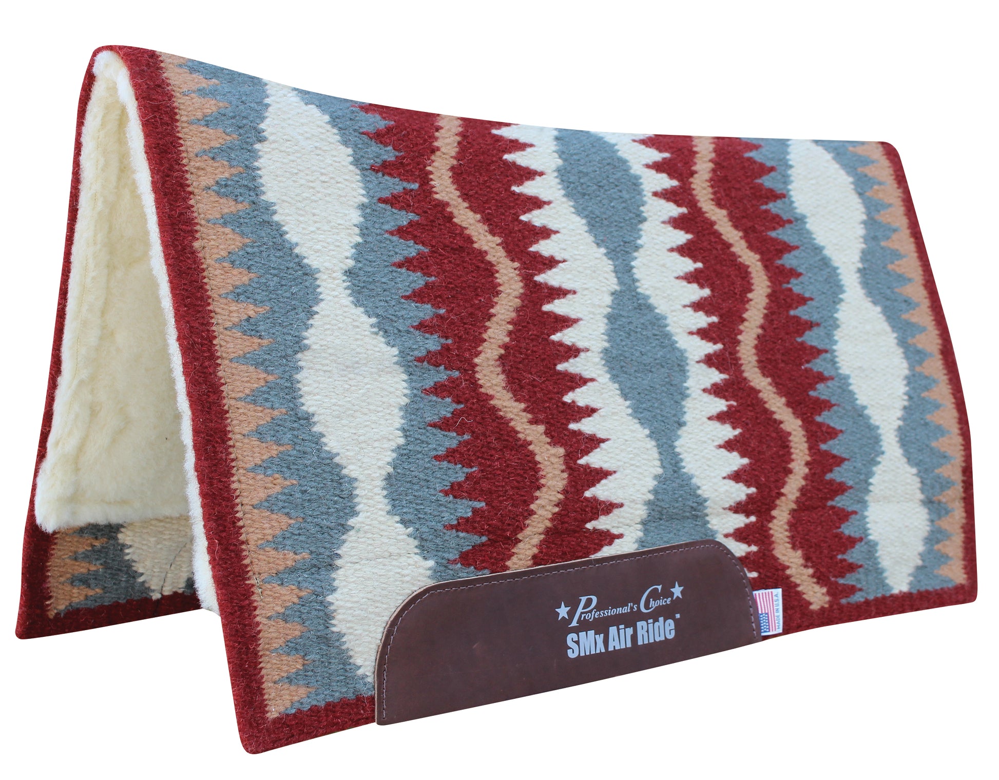 a red and teal woven top saddle pad with fleece lining that says 'SMx Air Ride' and it is by Professional's Choice