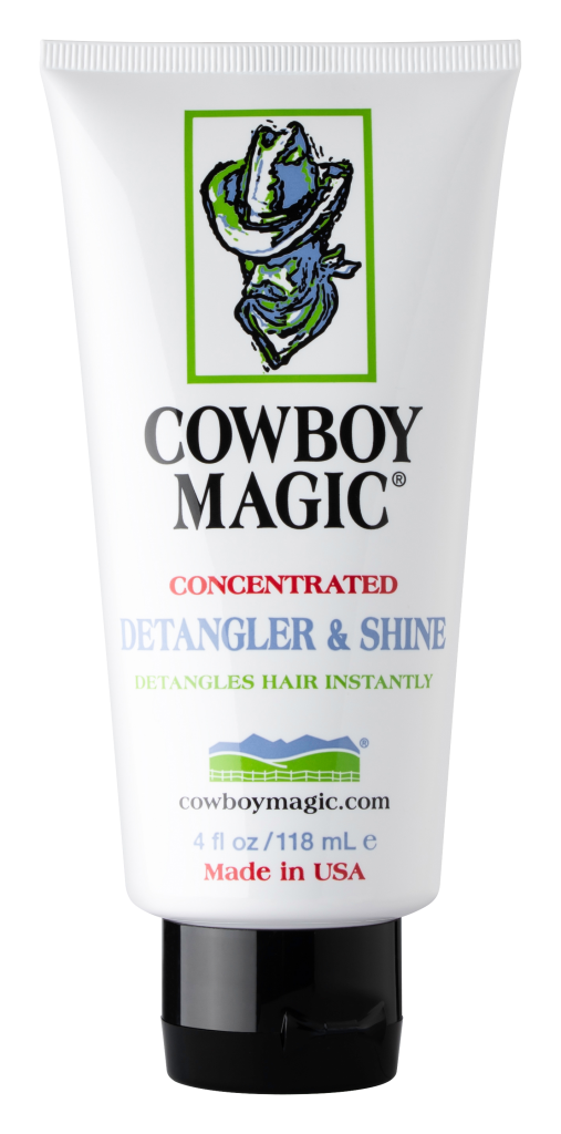 A tube of Cowboy Magic Concentrated Detangler & Shine for horse hair, with the brand's logo and product information on the label.
