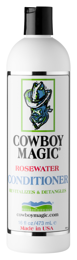 a white bottle of cowboy magic rosewater conditioner with a black lid and a picture of a cowboy on it