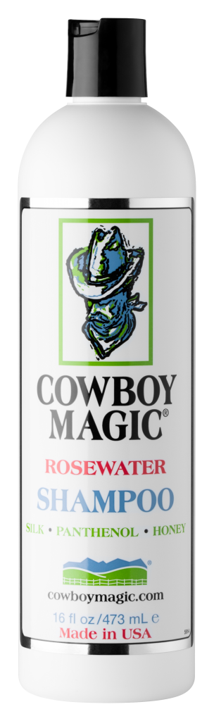 Bottle of Cowboy Magic Rosewater Shampoo with a white background, designed for horses.