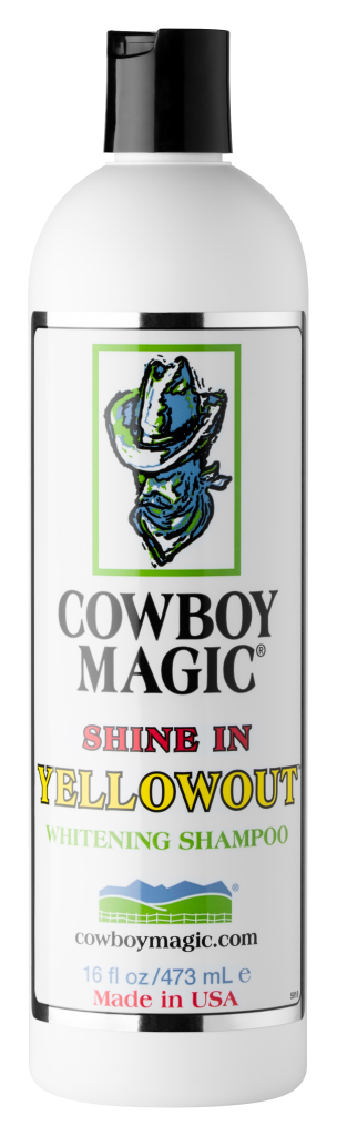 a white bottle of cowboy magic shine in yellowout whitening shampoo with a black lid and a picture of a cowboy on the bottle