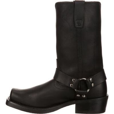 black harness boot often used for riding motorcycle on a white background