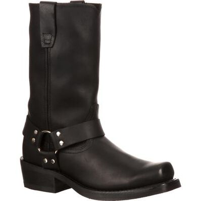 black harness boot often used for riding motorcycle on a white background