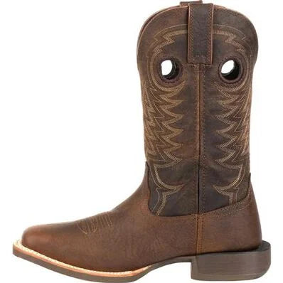 A flaxen brown full grain leather Durango cowboy boot with a wide square toe and a low heel.