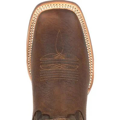 the toe of a wide square toe cowboy boot