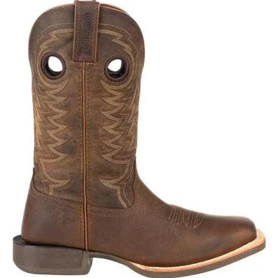 A flaxen brown full grain leather Durango cowboy boot with a wide square toe and a low heel.