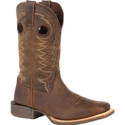A flaxen brown full grain leather Durango cowboy boot with a wide square toe and a low heel.