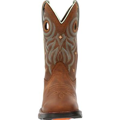 A rugged tan 'Maverick' waterproof women's boot by Durango with a square toe and a star pattern on the shaft.