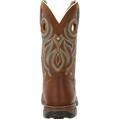 A rugged tan 'Maverick' waterproof women's boot by Durango with a square toe and a star pattern on the shaft.