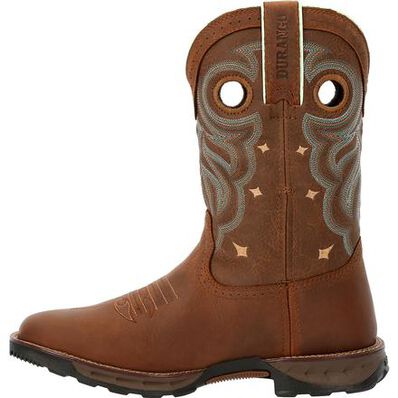 A rugged tan 'Maverick' waterproof women's boot by Durango with a square toe and a star pattern on the shaft.
