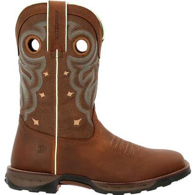 A rugged tan 'Maverick' waterproof women's boot by Durango with a square toe and a star pattern on the shaft.