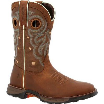A rugged tan 'Maverick' waterproof women's boot by Durango with a square toe and a star pattern on the shaft.