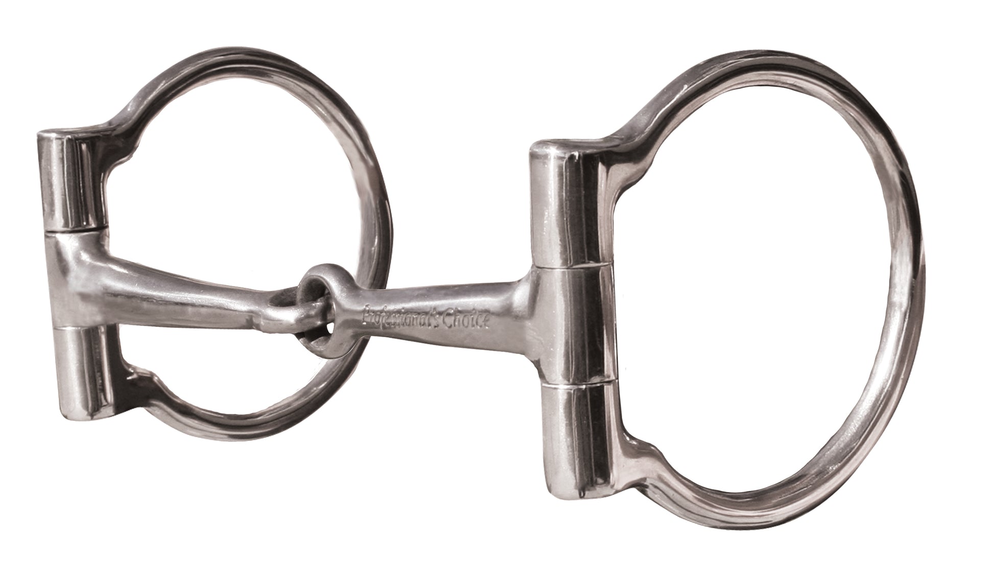 A silver-colored D-Ring snaffle bit with sweet iron and copper striping on the mouth piece.