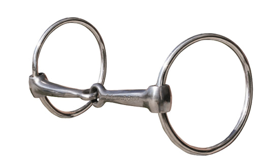 A silver-colored loose ring snaffle bit for horses.