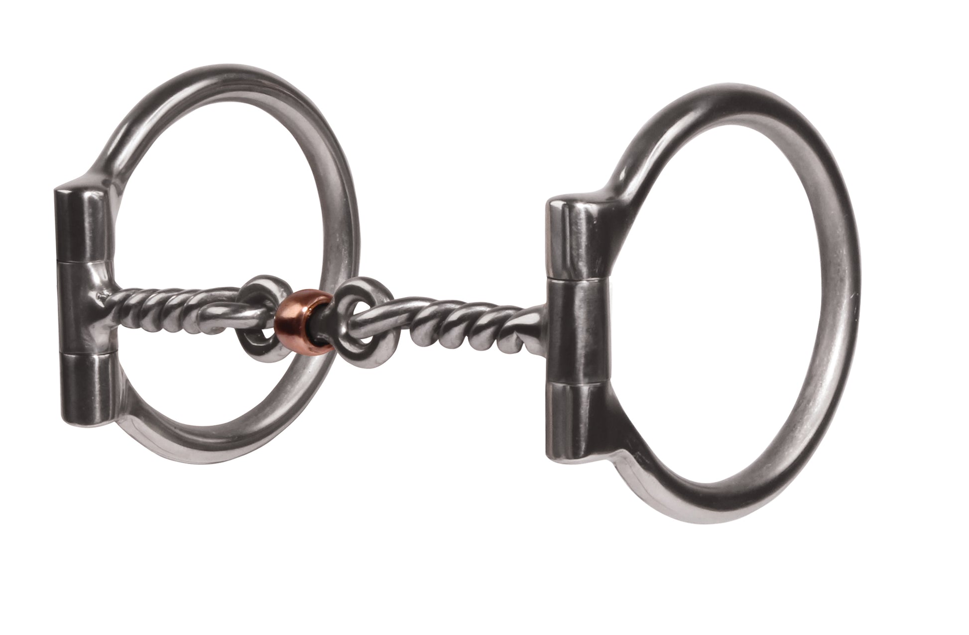 A twisted wire dogbone D ring bit typically used for horse tack, showing two circular rings connected by a twisted metal bar.