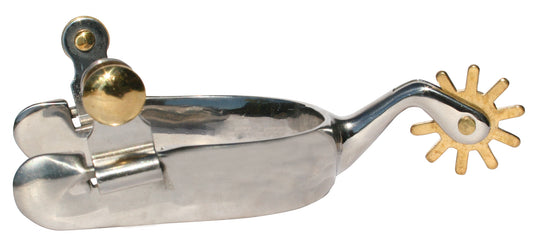 A silver-colored Western spur with a 10-point gold colored rowel and a 2-inch shank, against a white background.