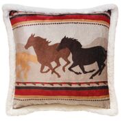 a brown an tan fluffy pillow with an image of horses running on it
