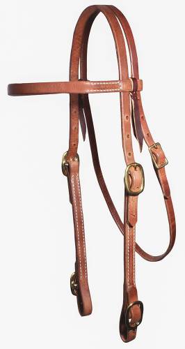 A brown leather browband headstall with solid brass hardware, featuring buckle bit hangers and a buckle on both cheeks.