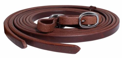 A brown oiled split rein with buckles, designed for horse tack.