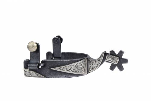 A metal spur for riding horse with an antique finish and engraved silver detail with a 6 point rowel