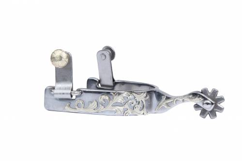 a silver spur with silver floral overlay detail on a white background