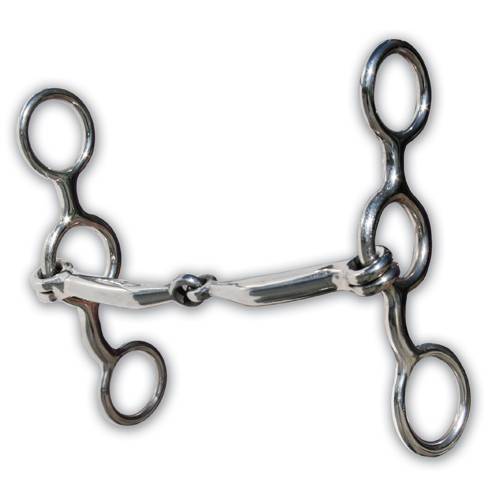 A silver-colored short shank snaffle mouth bit for horses, with copper inlay and slight gag action.