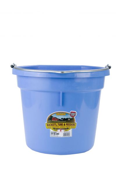 A berry blue 20 quart flat back bucket by Little Giant with a metal handle and a label on the side.
