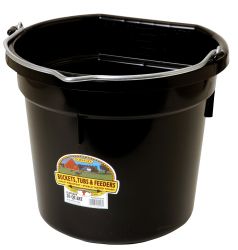 A black 20 quart flat back bucket by Little Giant with a metal handle and a label on the side.