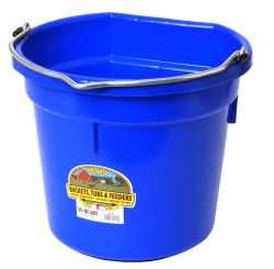A blue 20 quart flat back bucket by Little Giant with a metal handle and a label on the side.