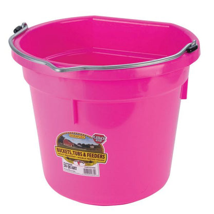 A pink 20 quart flat back bucket by Little Giant with a metal handle and a label on the side.