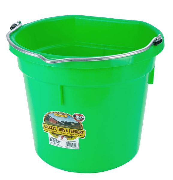 A lime green 20 quart flat back bucket by Little Giant with a metal handle and a label on the side.
