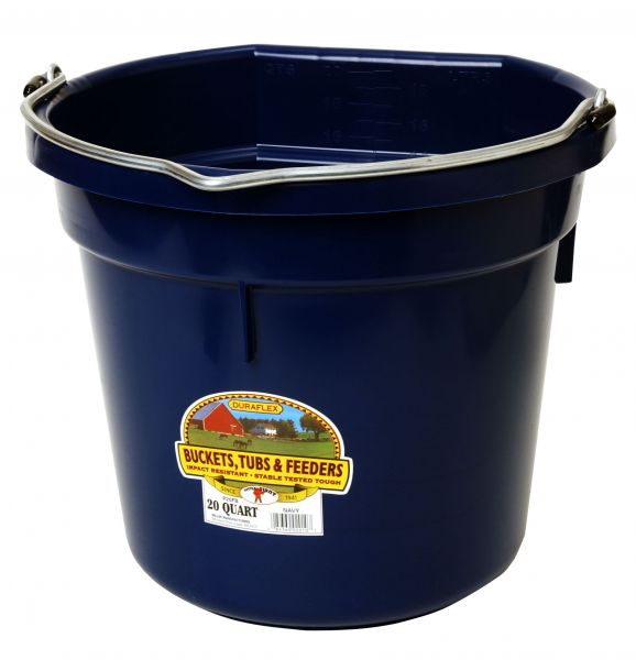 A navy blue 20 quart flat back bucket by Little Giant with a metal handle and a label on the side.