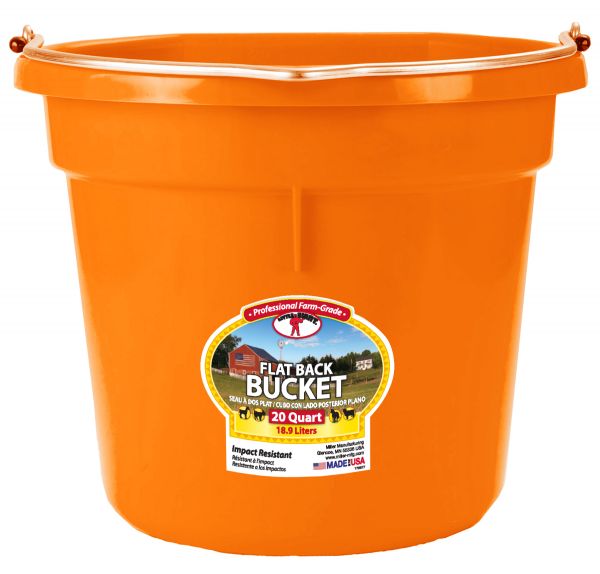 An orange 20 quart flat back bucket by Little Giant with a metal handle and a label on the side.