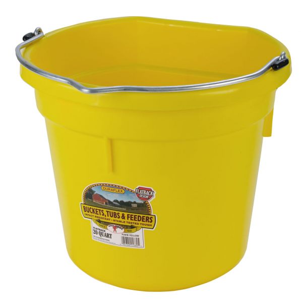 A yellow 20 quart flat back bucket by Little Giant with a metal handle and a label on the side.