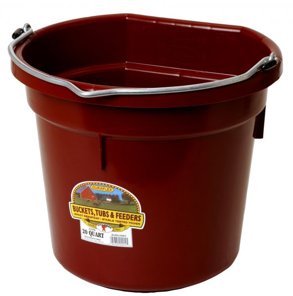 A burgundy 20 quart flat back bucket by Little Giant with a metal handle and a label on the side.
