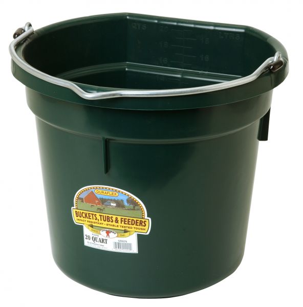 A hunter green 20 quart flat back bucket by Little Giant with a metal handle and a label on the side.