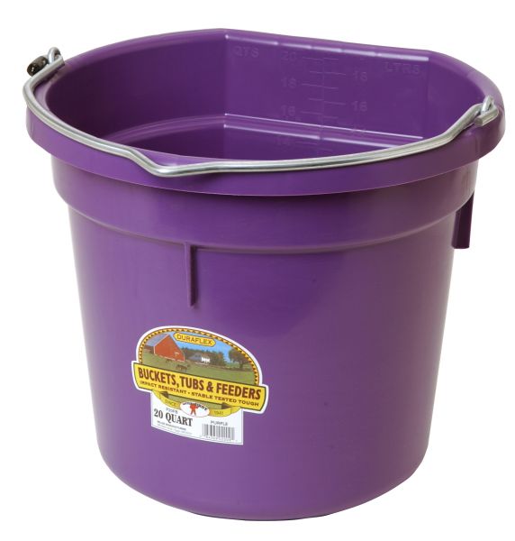 A purple 20 quart flat back bucket by Little Giant with a metal handle and a label on the side.