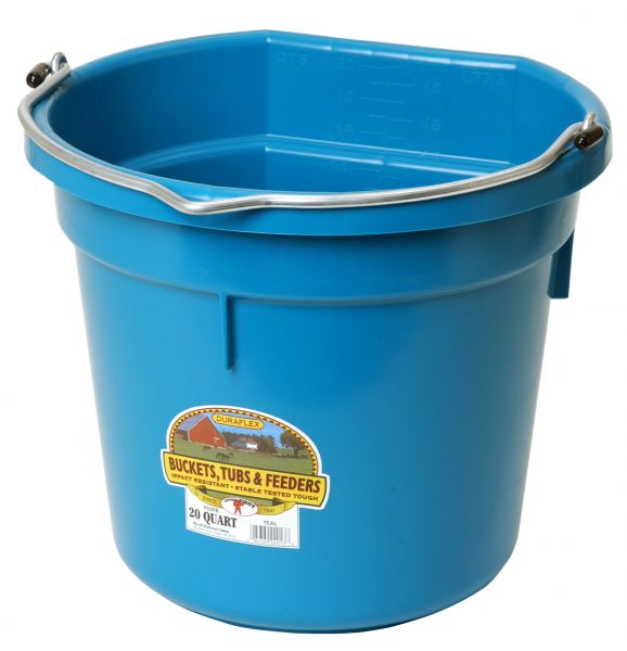 A light blue 20 quart flat back bucket by Little Giant with a metal handle and a label on the side.