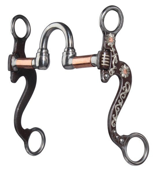 a correction bit for horses with brown shanks that have floral overlay detail on a white background